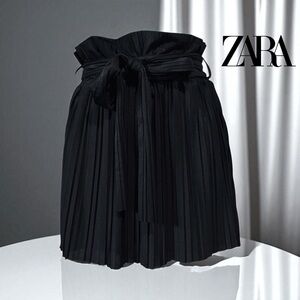 ZARA, Pleated Paperbag Mini Skirt With Bow, Medium, Black